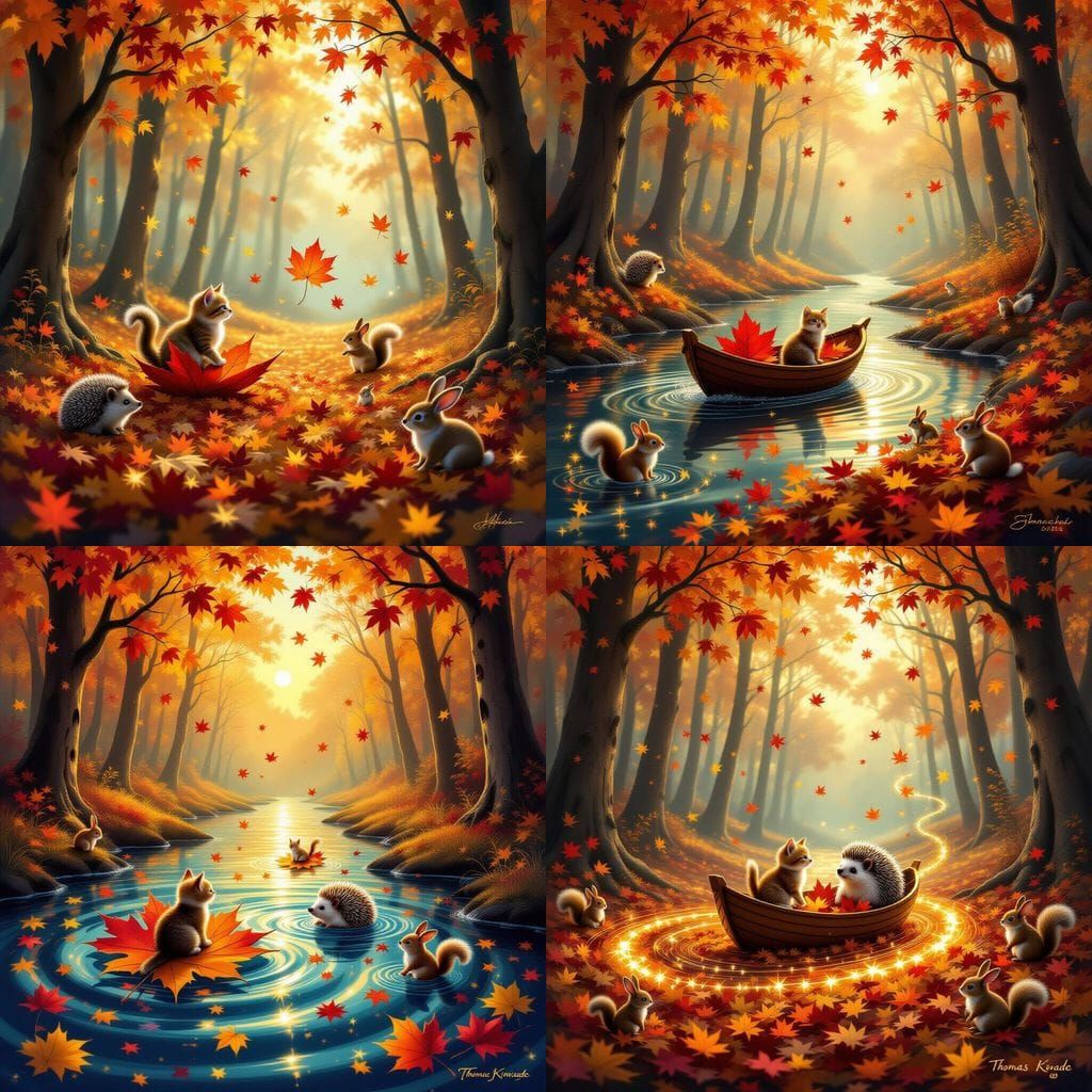 Whimsical Autumn Ocean of Leaves with Playing Animals