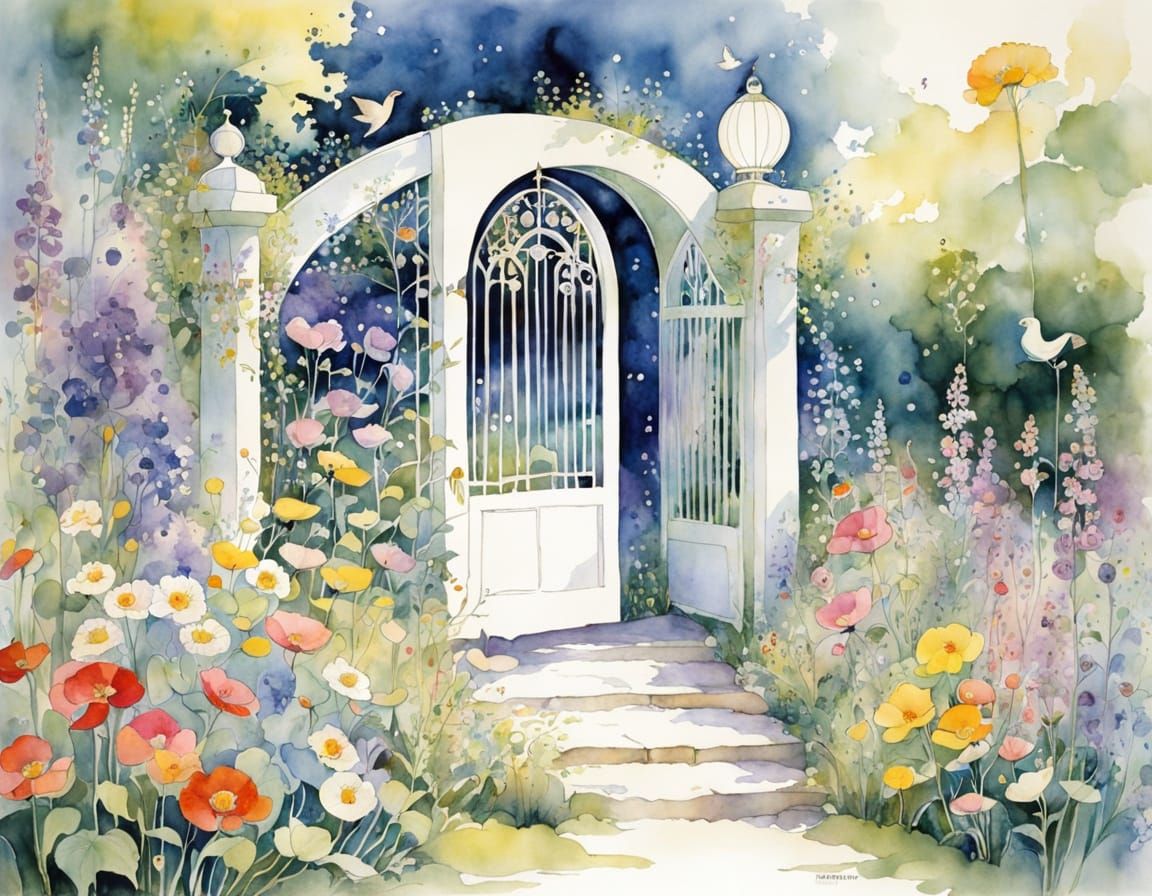 Whimsical Evening Garden Oasis in Watercolor Style