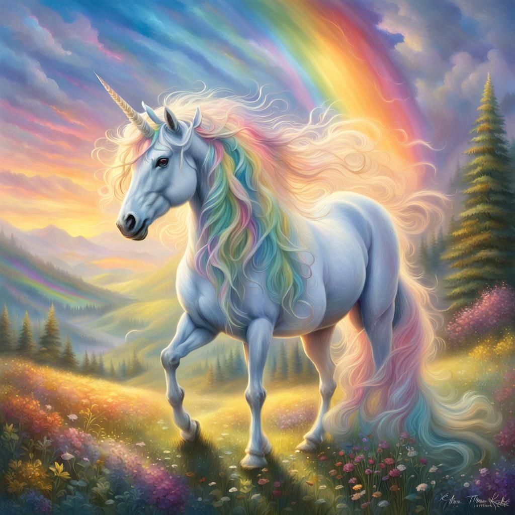 Rainbow Unicorn in Sunset Meadow: Magical Realism