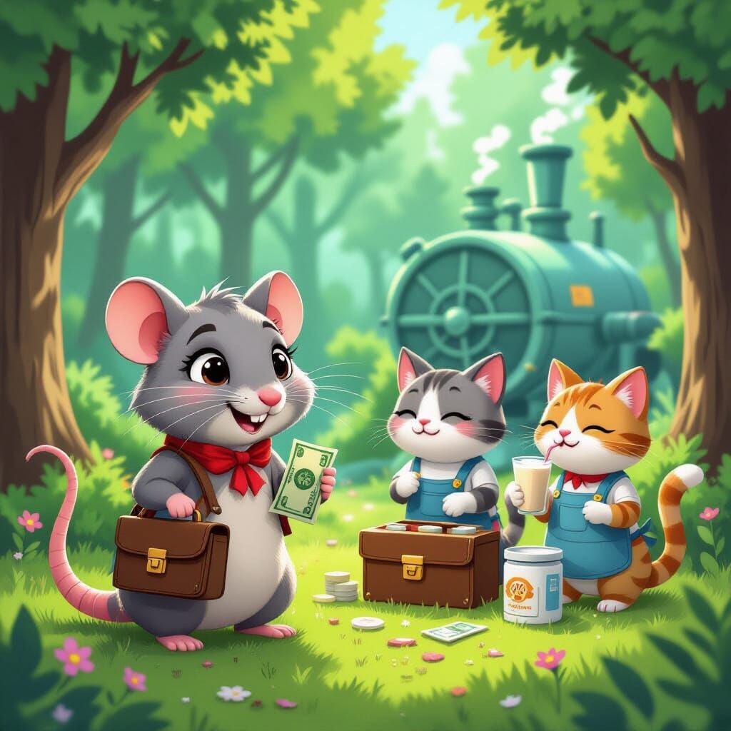 Whimsical Rat Runs Secret Forest Protein Factory with Cat He...