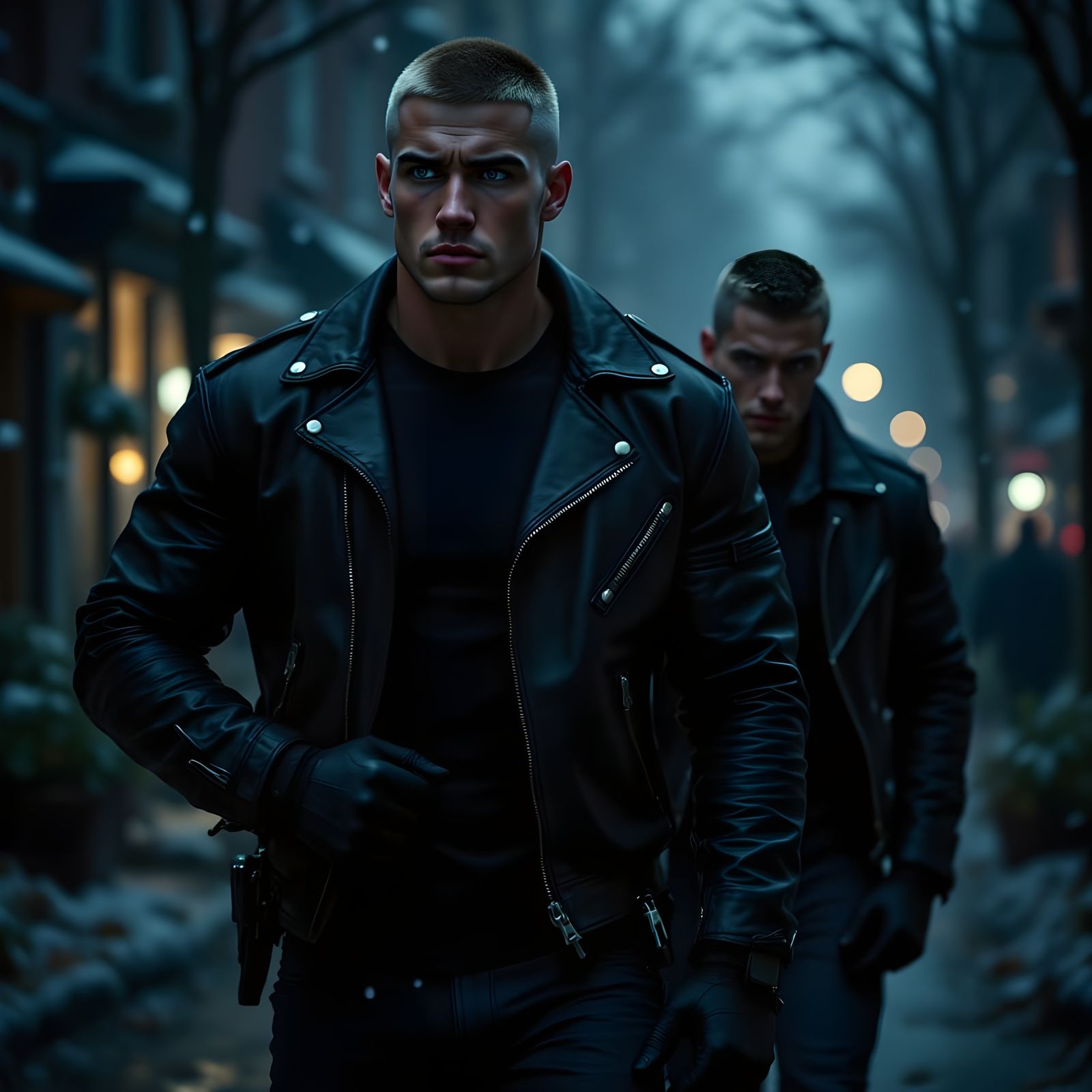 Gritty Police Officer in High-Contrast Cinematic Scene