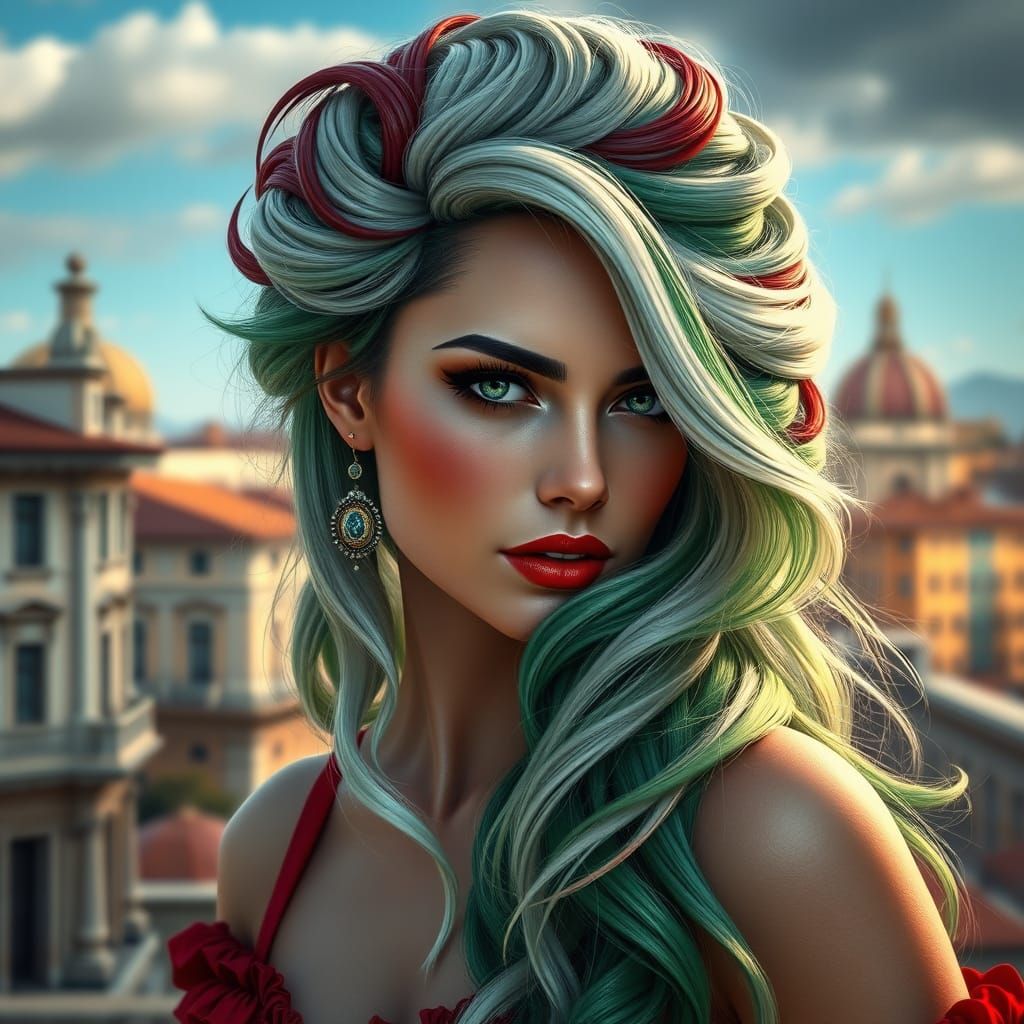 Elegant Italian Goddess in Vibrant Roman Cityscape