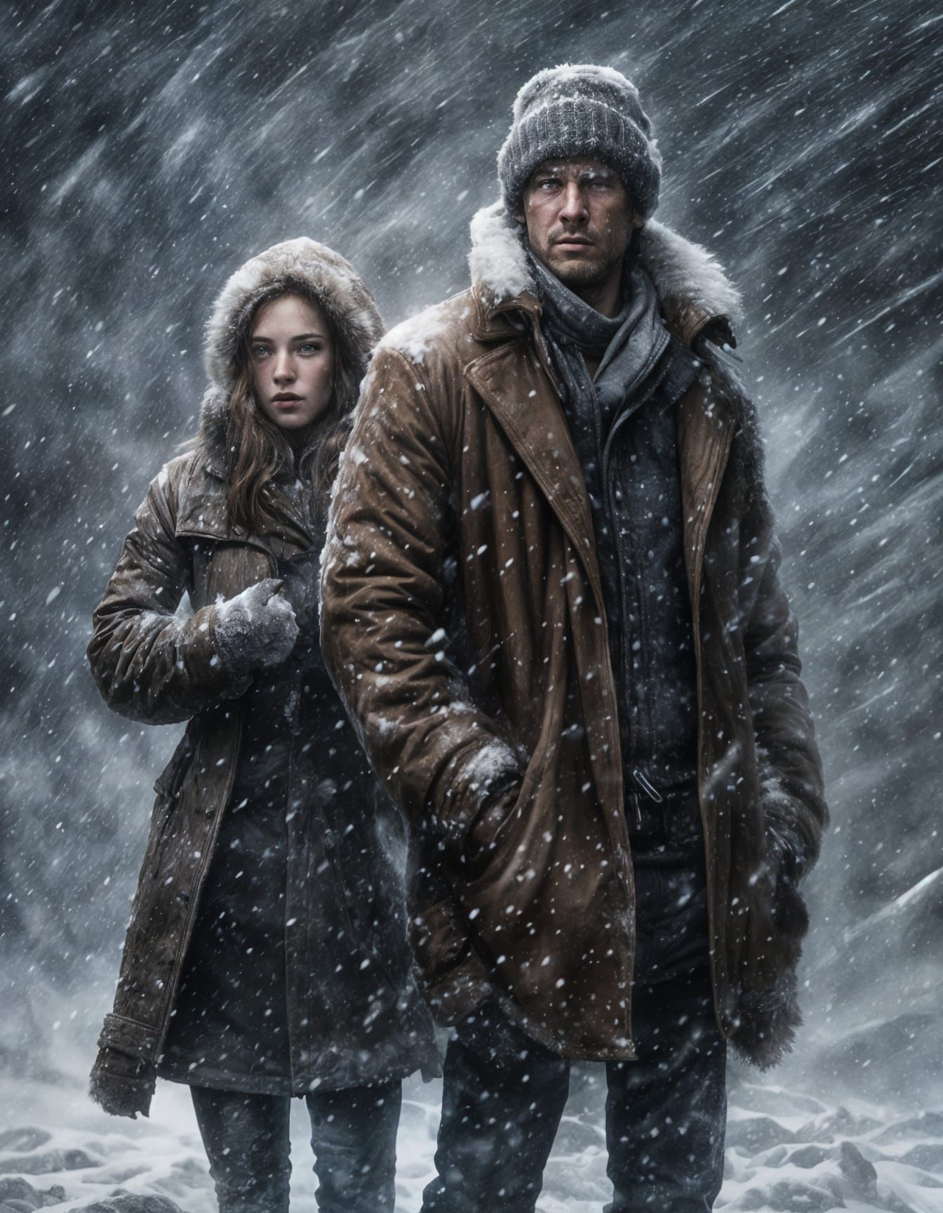 Couple Braving a Gritty Winter Storm in a Fantasy Landscape