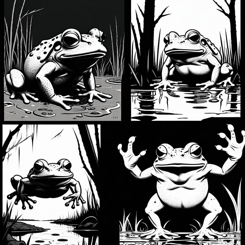Fat Frog Imp in Swamp: Monochrome Line Art