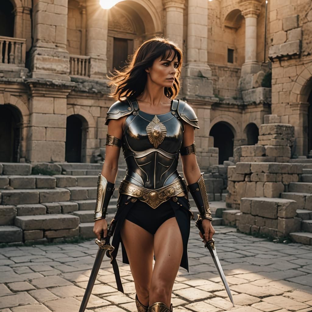 Woman in Roman Armor at Sunrise