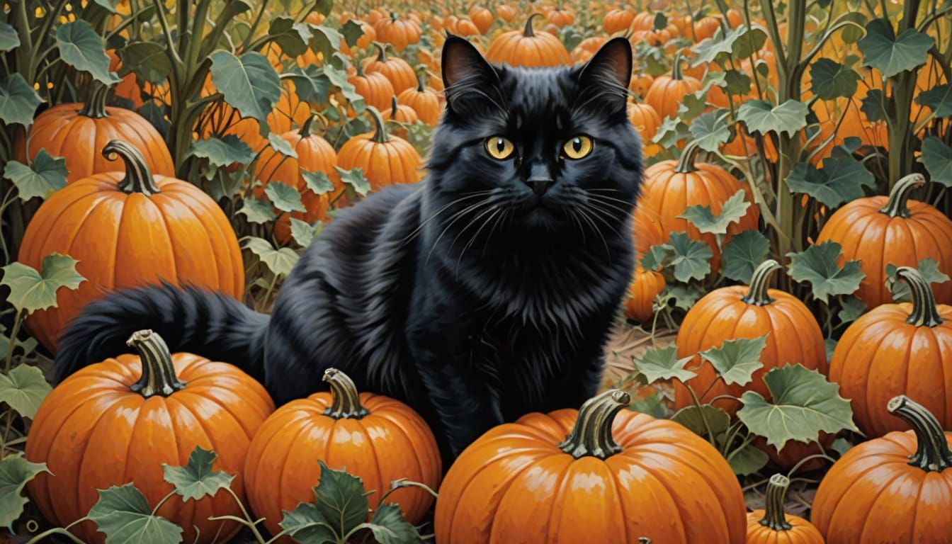 Fluffy Black Cat in Pumpkin Patch Oil Painting