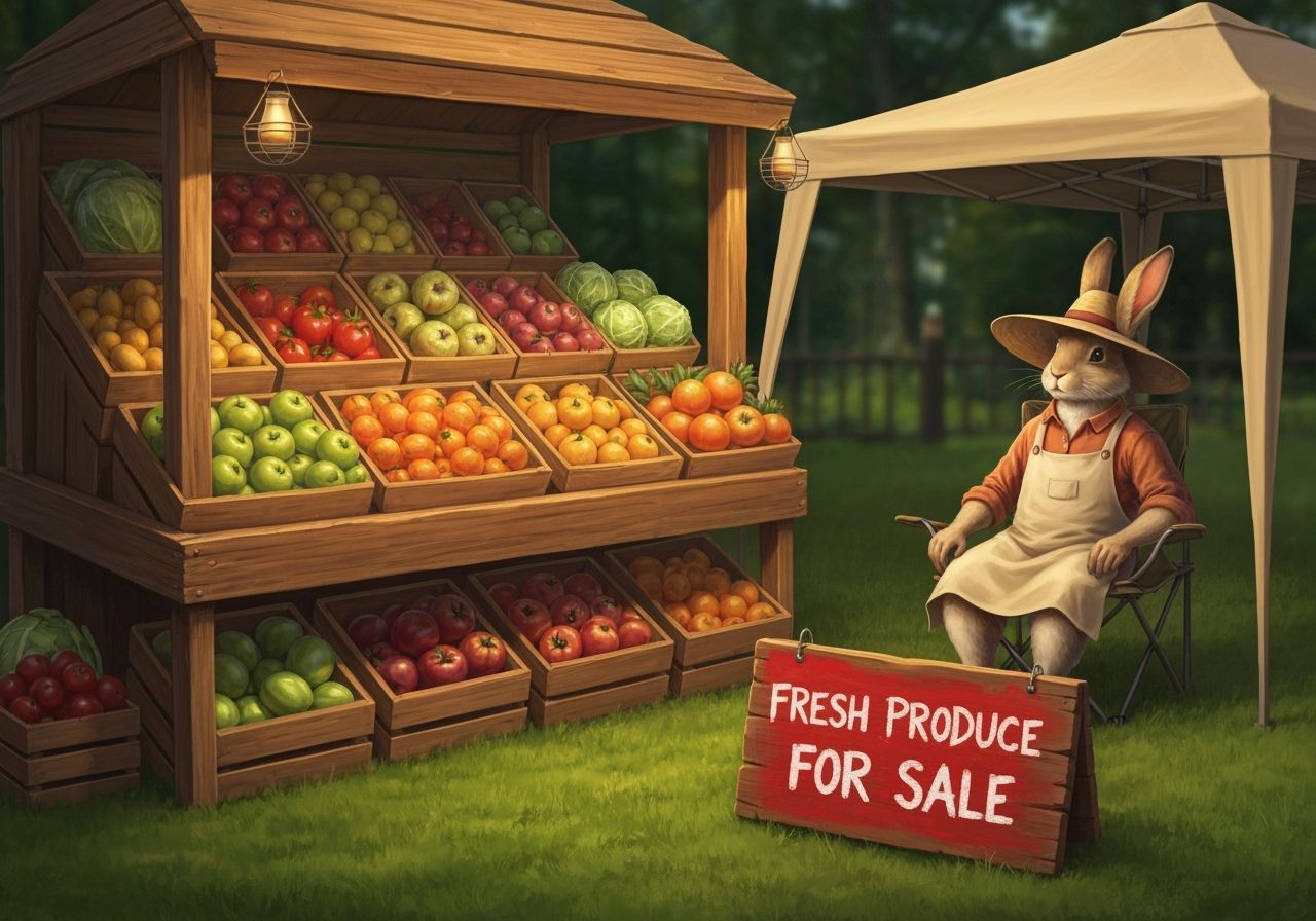 Whimsical Farmstand Scene with Farmer Rabbit