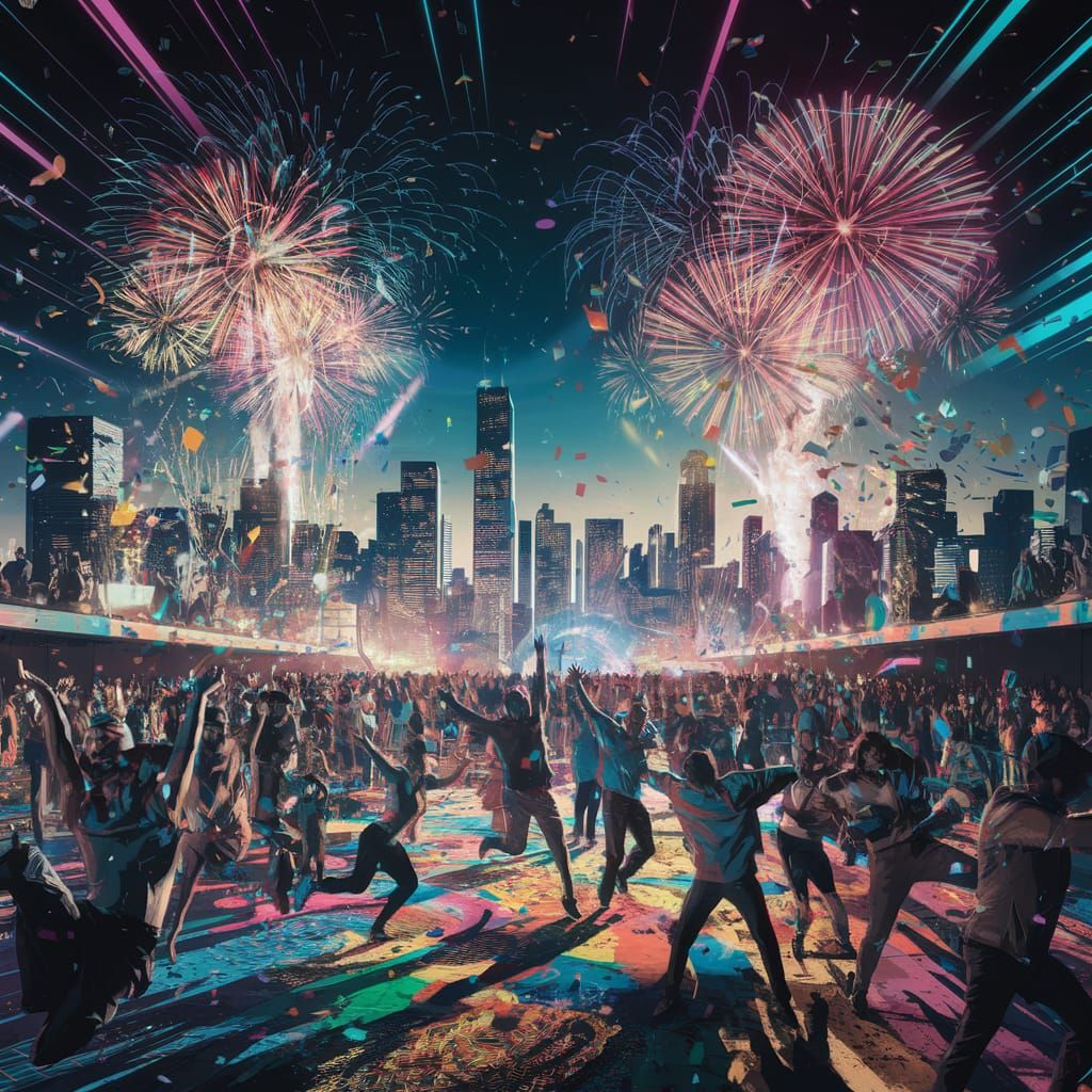 Psychedelic Party: Fireworks and Joyful Crowd