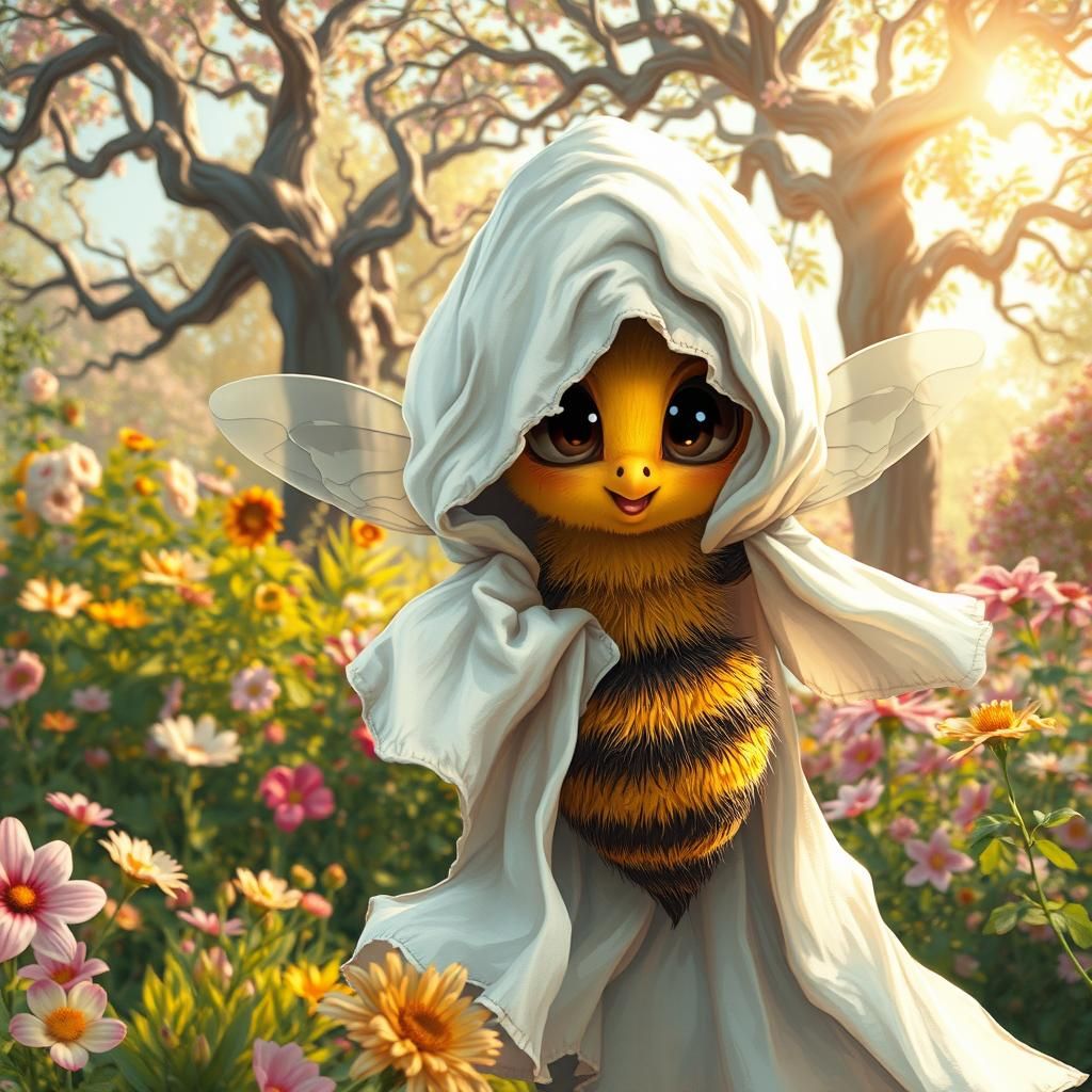 Whimsical Bee Ghost in Sunlit Garden as Impasto Painting