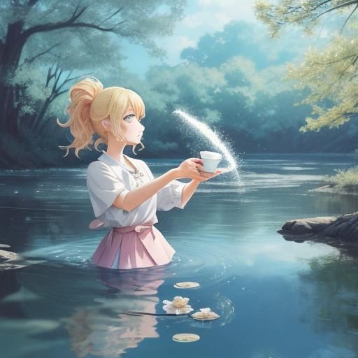 Anime Queen Pouring Water in Pastel Pink Tones