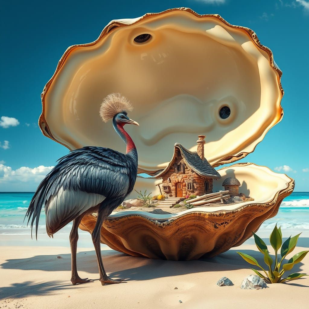 Majestic Cassowary Surveys Fantastical Oyster Shell Haven