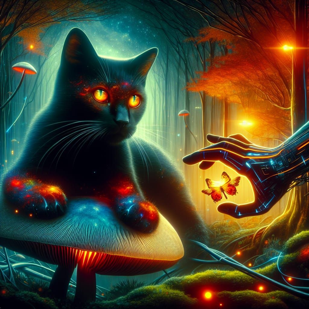 Cyberpunk Feline Enchantress in a Futuristic Woodland