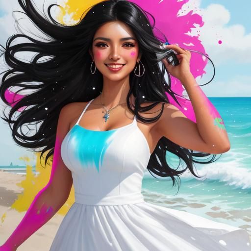Mexican Girl on Beach in Graffiti Splash Art Style
