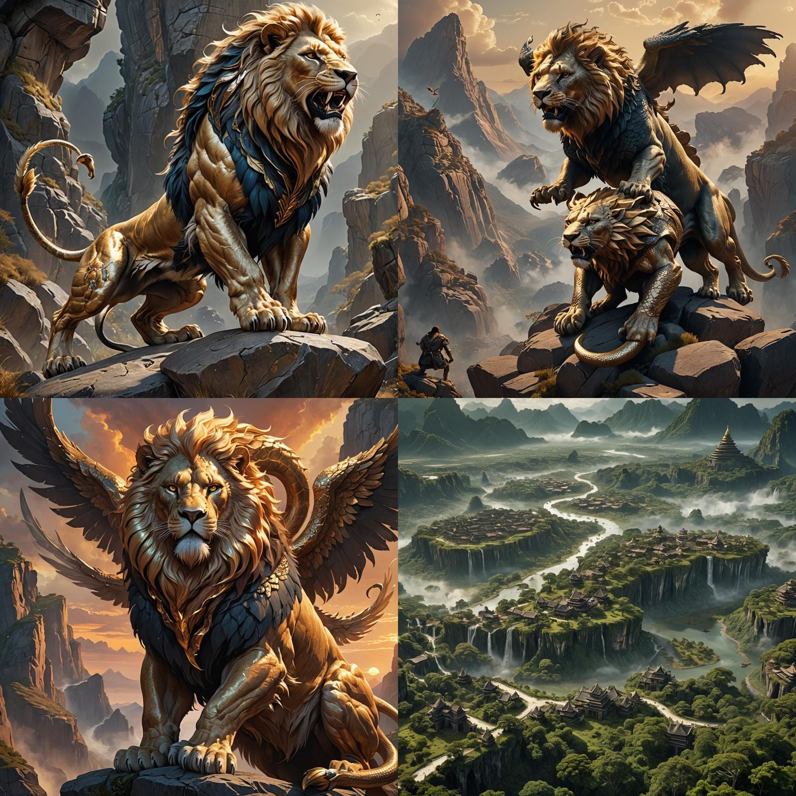 Lion-Serpent Hybrid with Metallic Wings: Fantasy Art