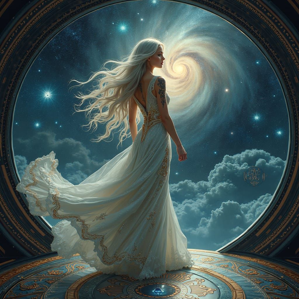 Celestial Navigator on Starship Bridge in Art Nouveau Style