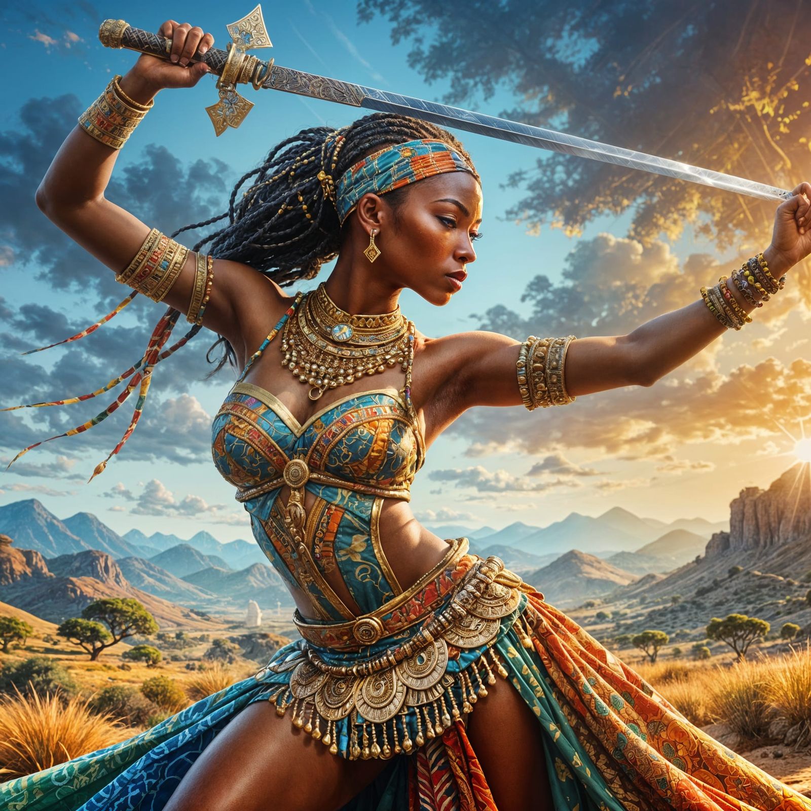Graceful African Sword Dancer in Vibrant Landscape