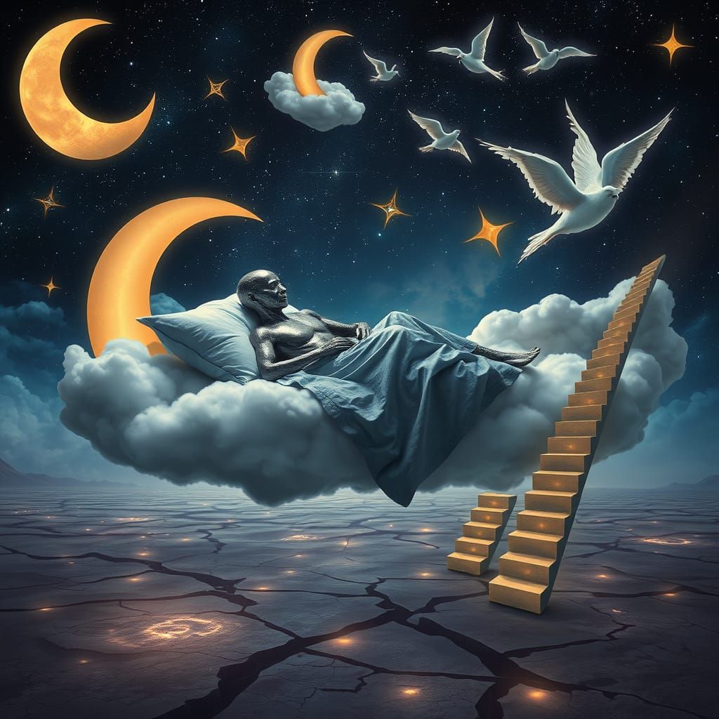 Surreal Dreamscape: Metallic Figure on Cloud Bed