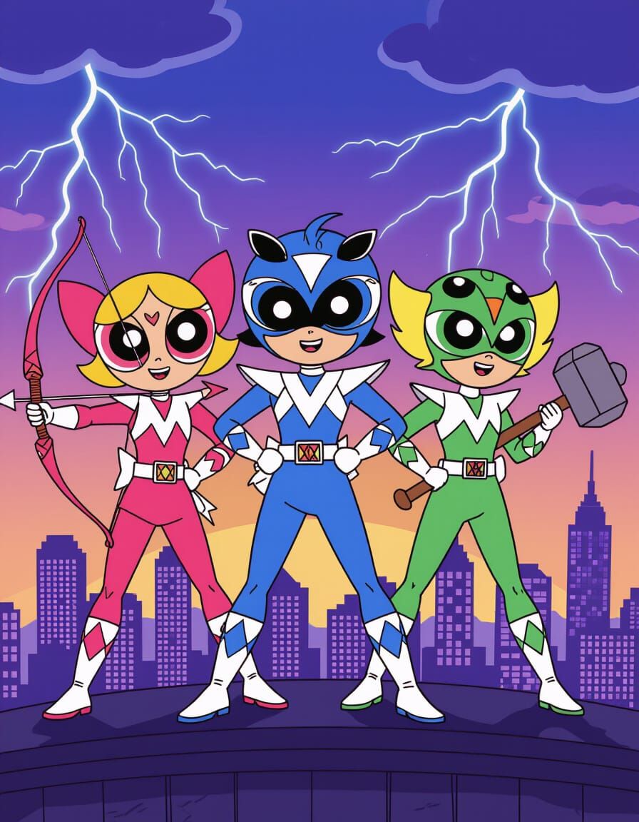 Powerpuff Girls as Power Rangers Heroic Rooftop Battle