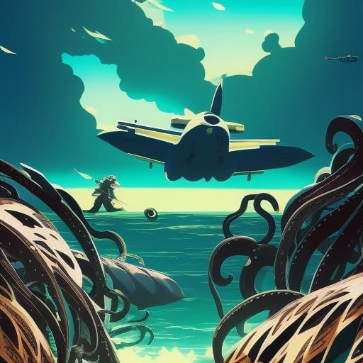 Fighter Jet vs Giant Squid in Layered Paper Art