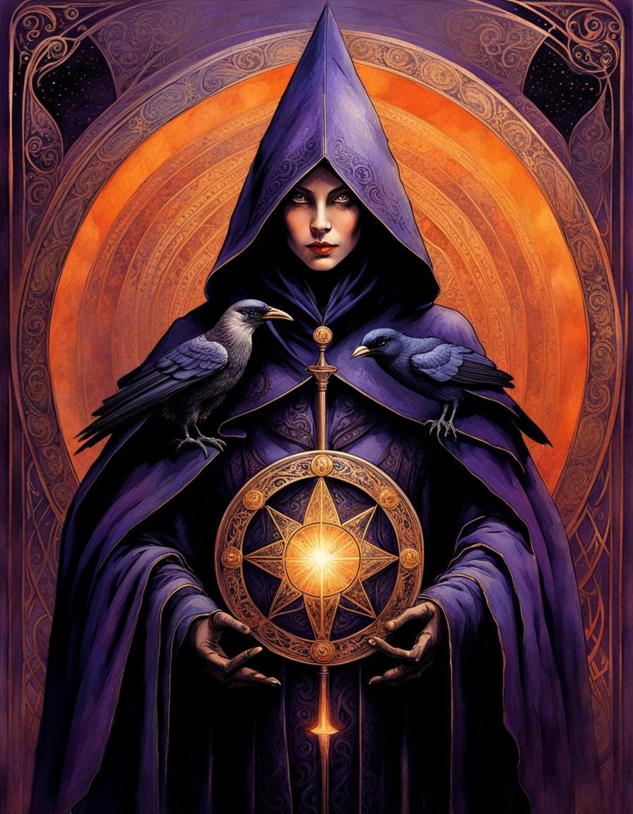 Magician with Raven Tarot Card in Surrealist Style