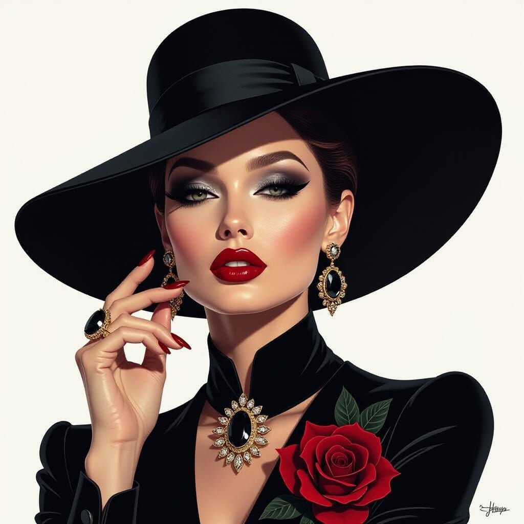 Glamorous Woman in Hat with Dark Floral Motifs