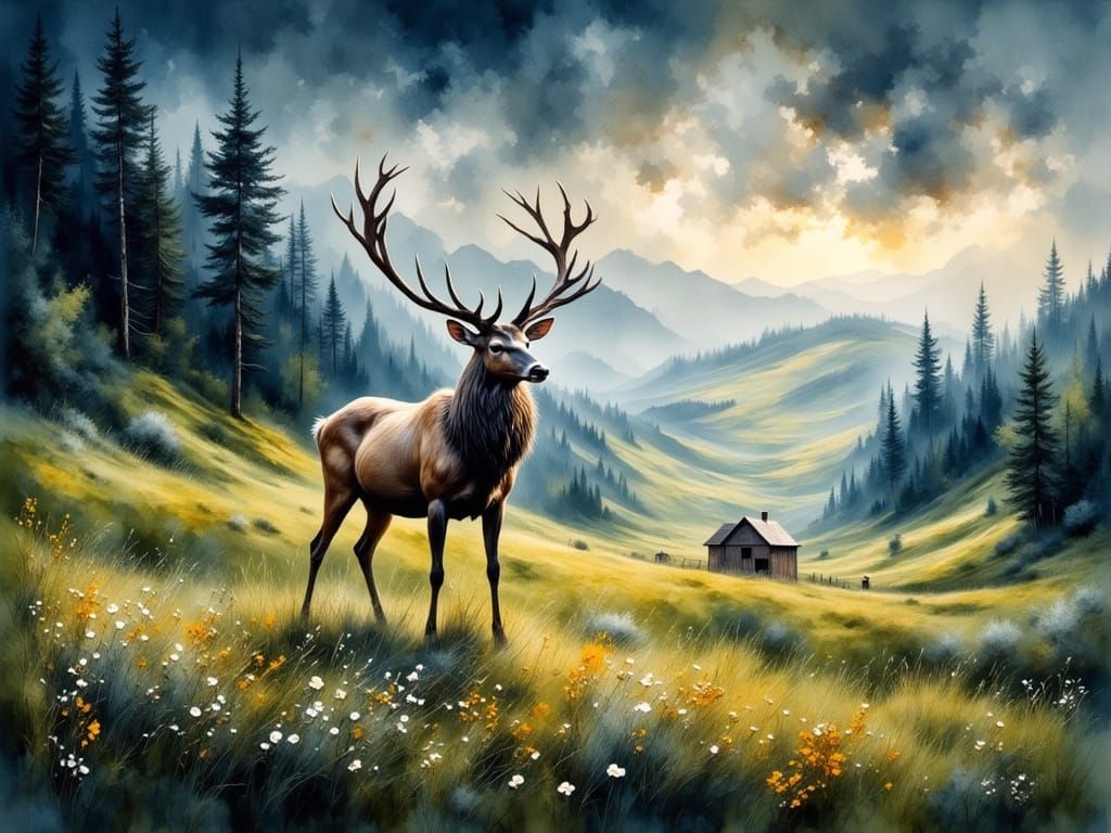 Regal Stag in a Vibrant Pastoral Landscape