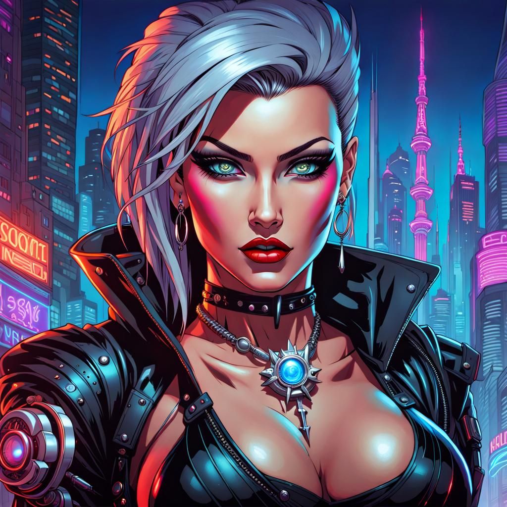 Cyberpunk Assassin Diva in Neon Cityscape