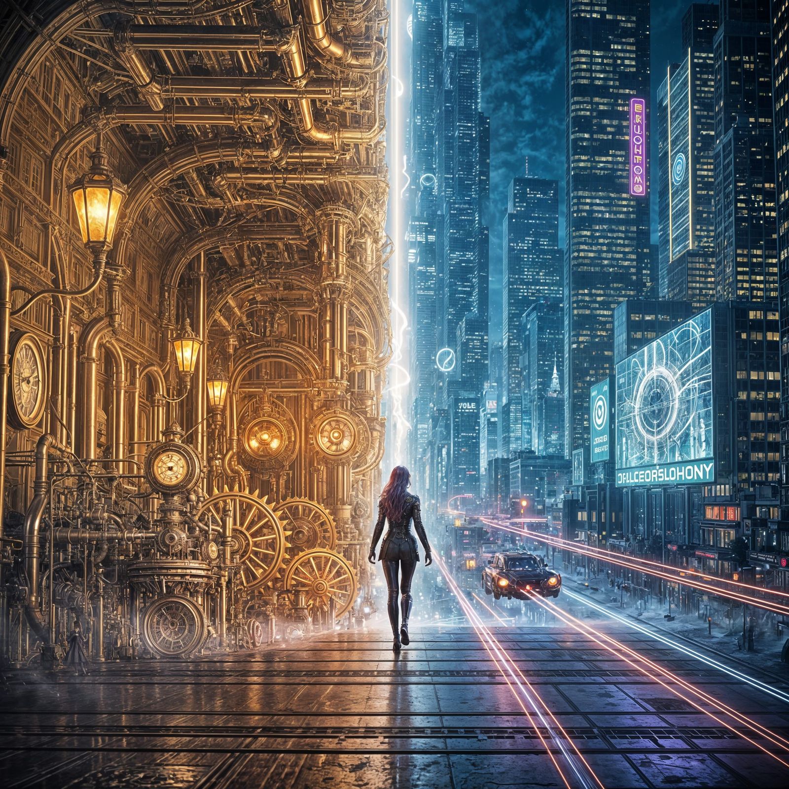 Woman Steps Through Portal to Steampunk & Futuristic Worlds