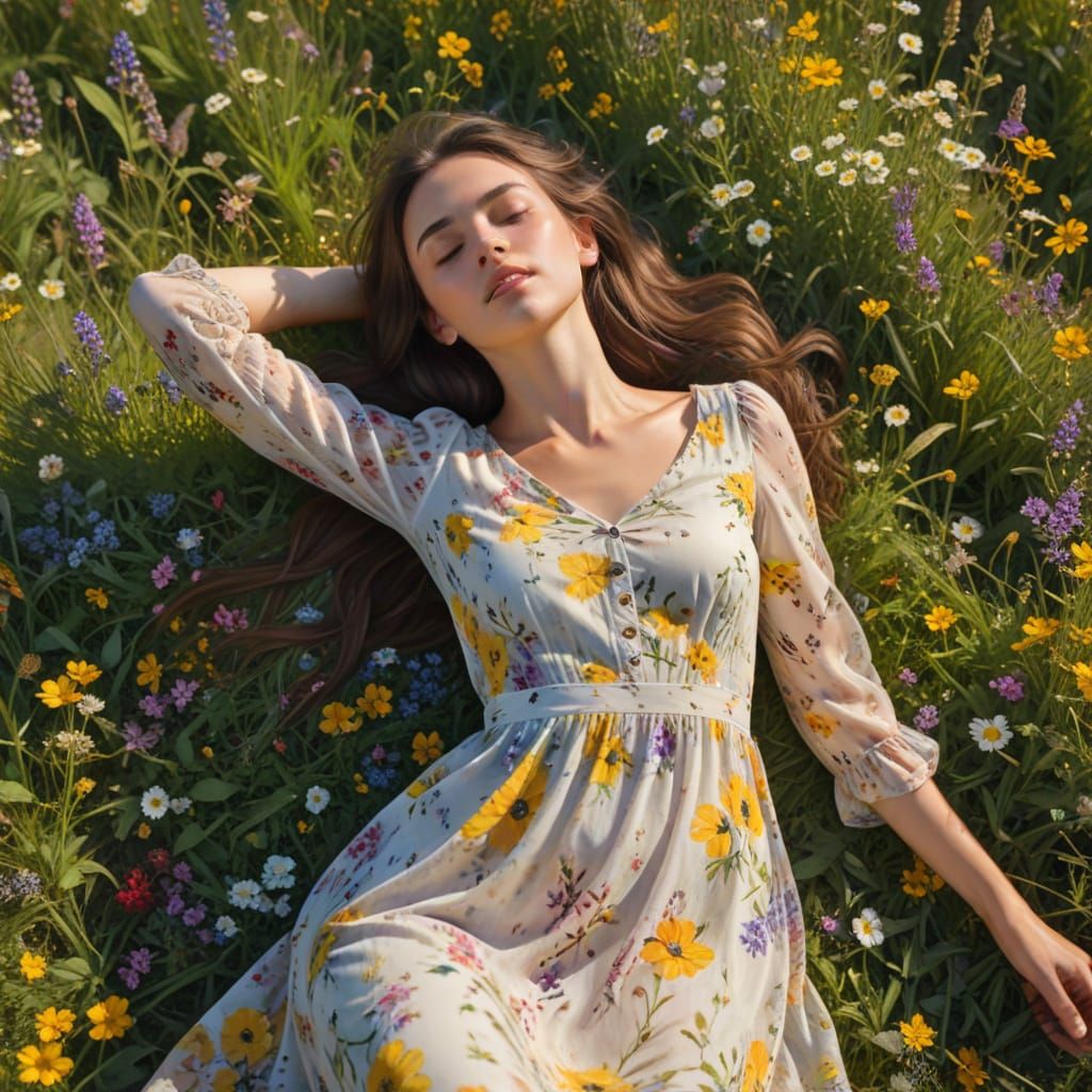 Impressionist Woman Lounging in Wildflower Field