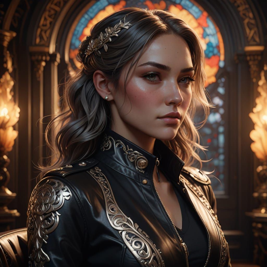 Confident Woman in Ornate Chair, Exuding Warmth and Sophisti...