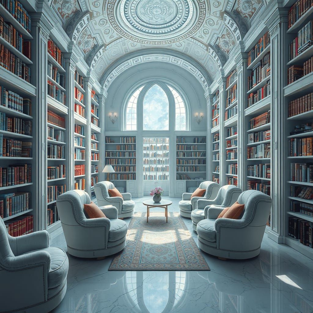 Dreamlike White Library Reading Nook in Digital Art