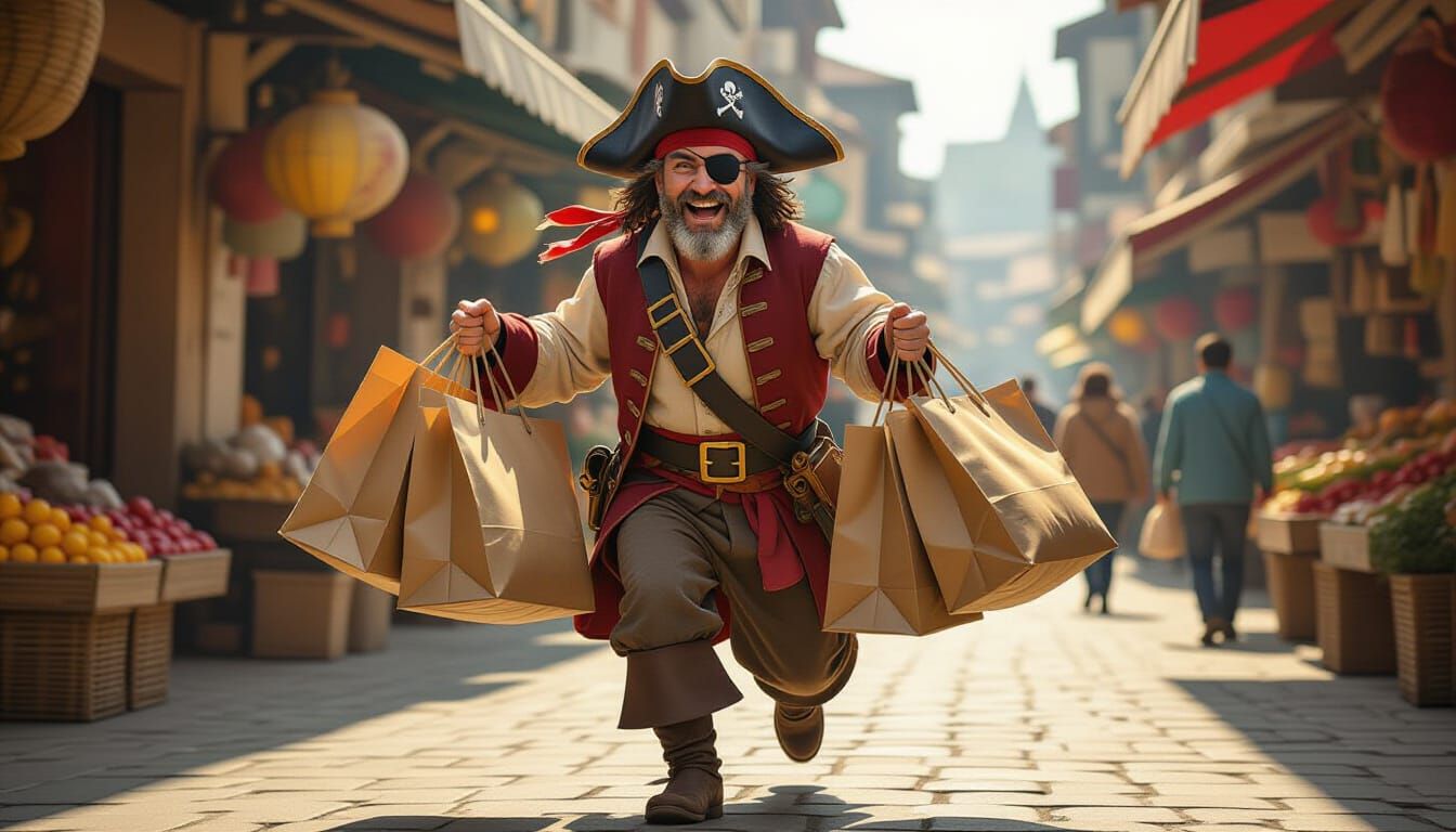 Pirate Shopper in Busy Market, Ultra-Realistic 8K Detail