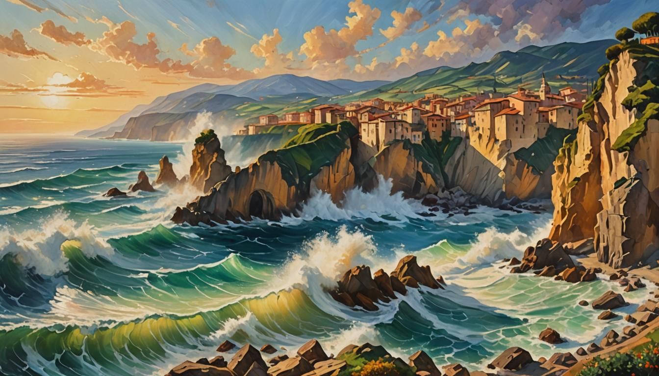 Mediterranean Cliffsides: An Oil Painting in Triadic Colors
