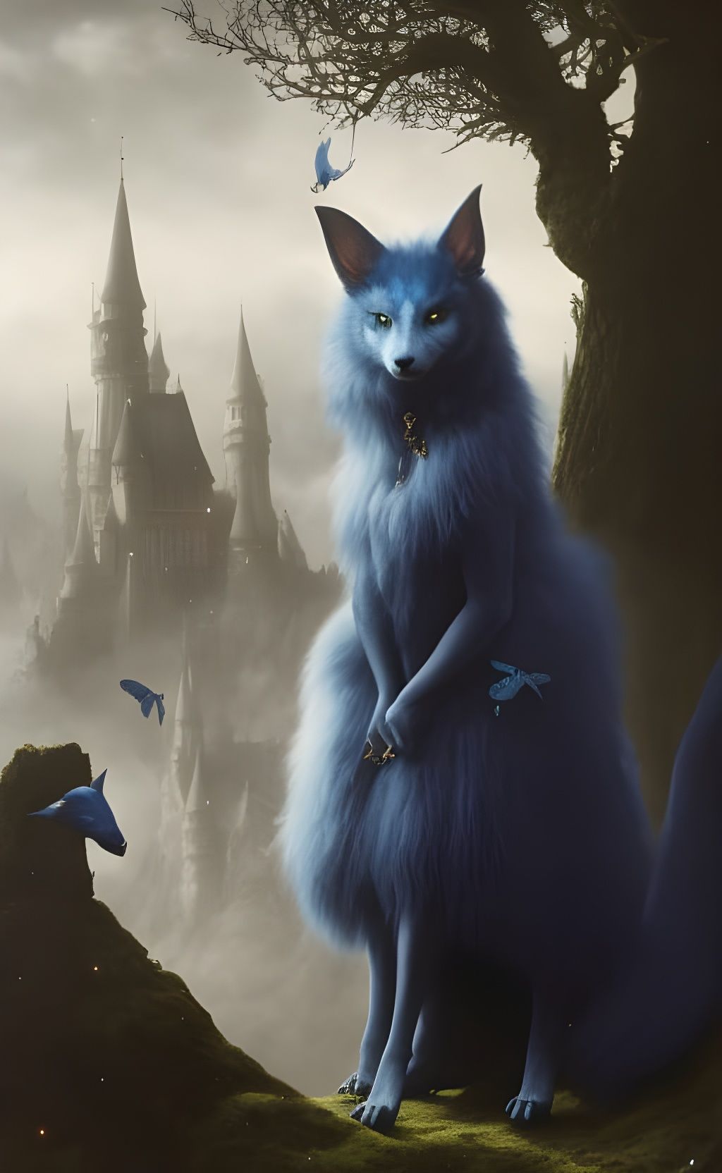 Blue fox kitsune against a fantasy castle landscape