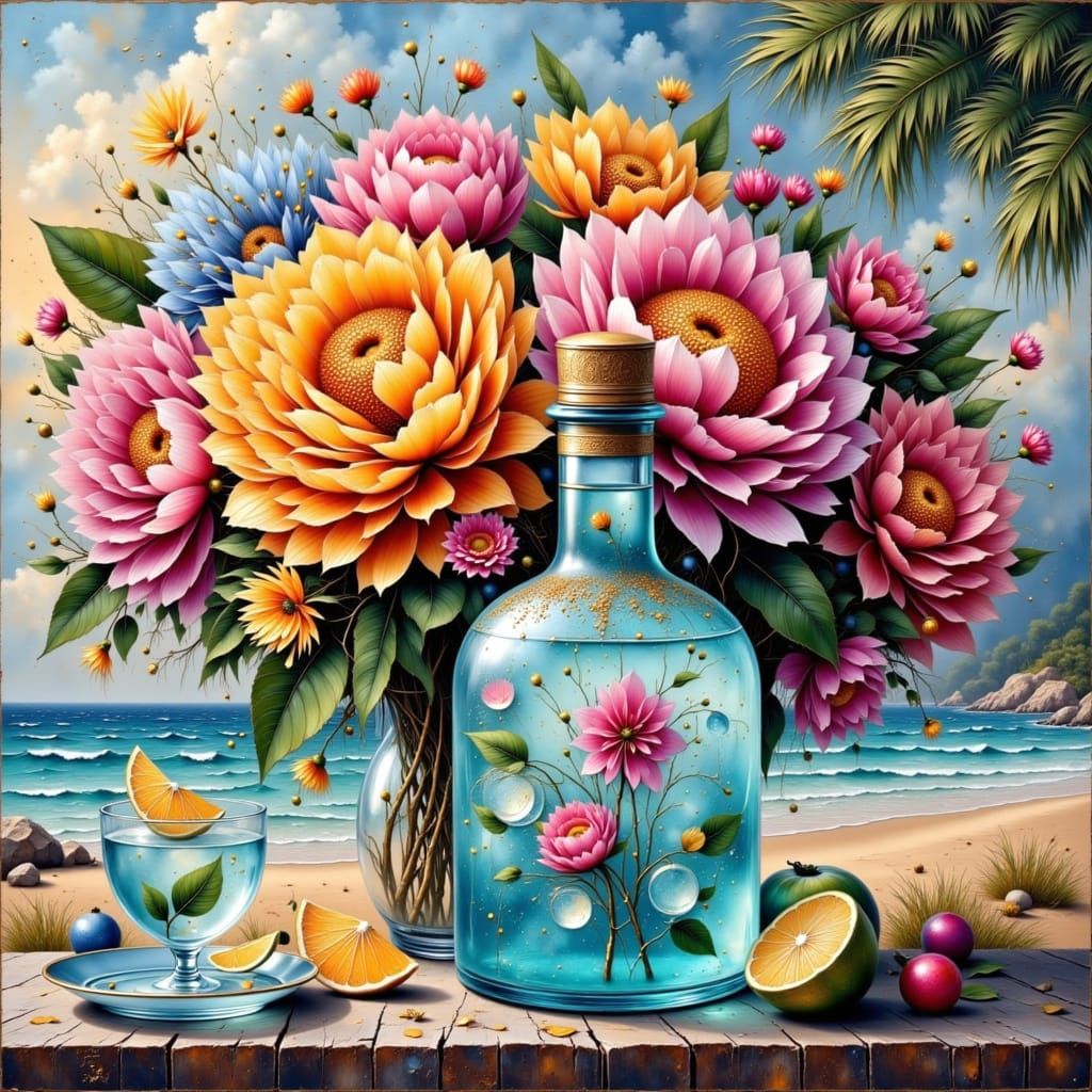 Vibrant Flowers and Drink by Turquoise Ocean