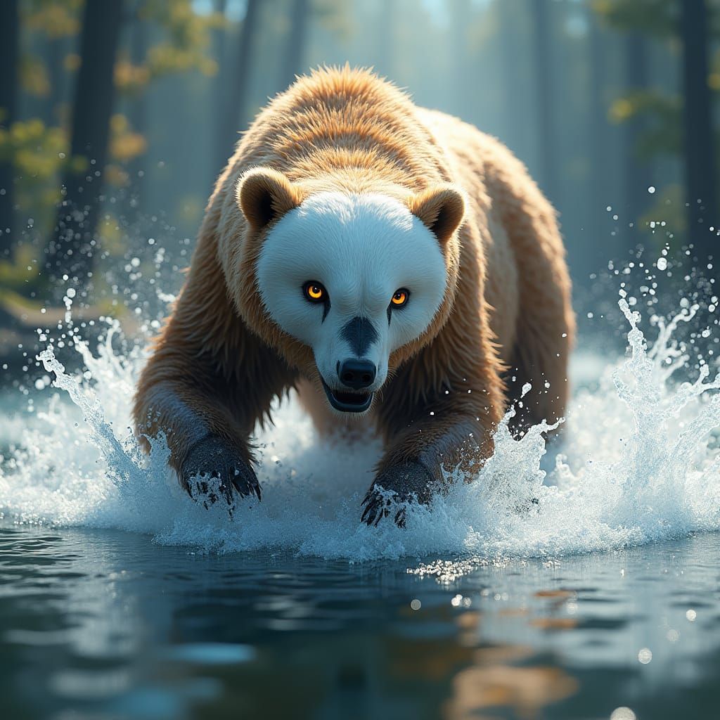 Hybrid Bear-Owl Splashing in River, Detailed Matte Painting