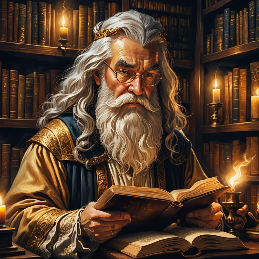 Wizard Reading Book in Library: Mythological Fantasy Art