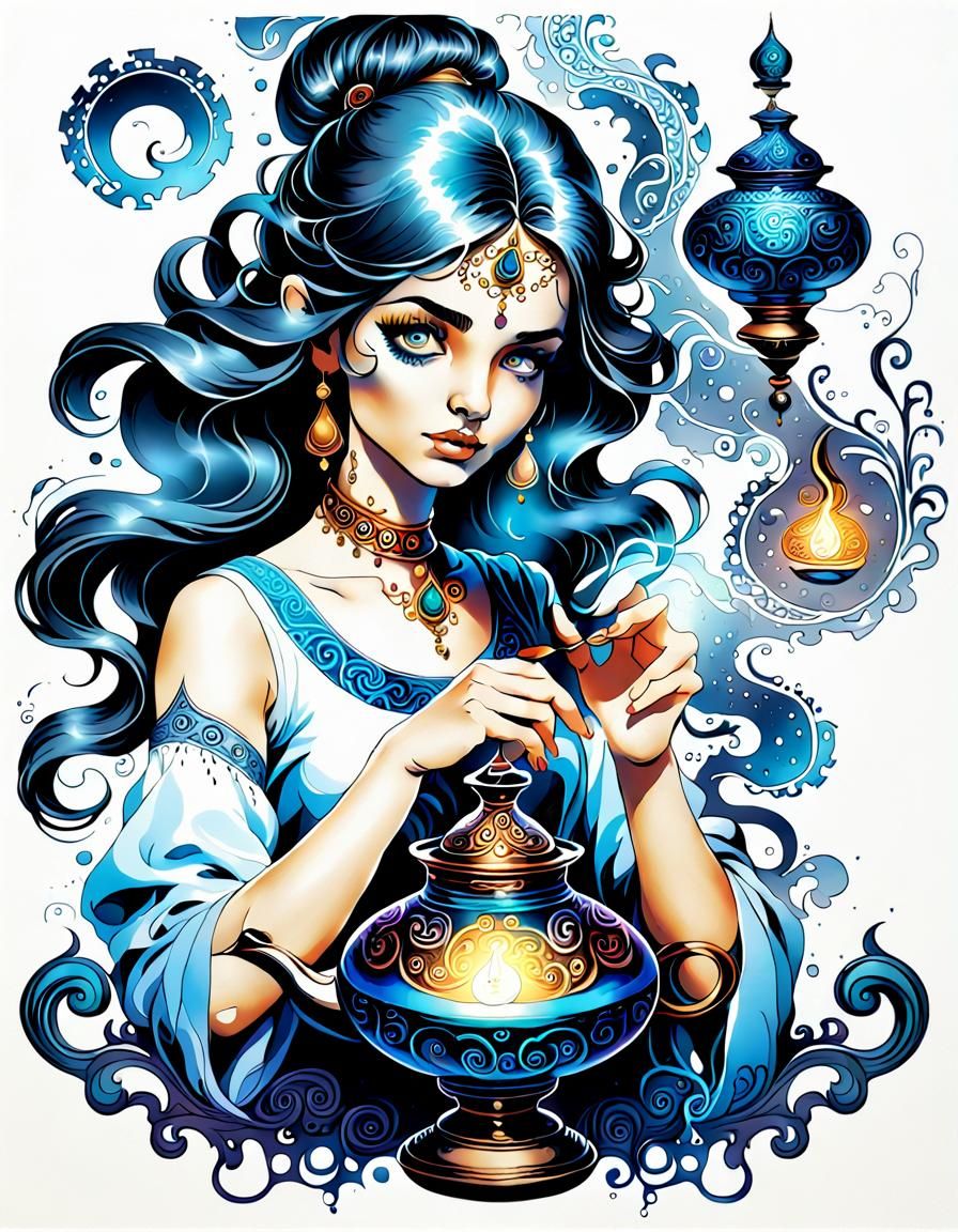 Genie emerging from Aladdin's lamp