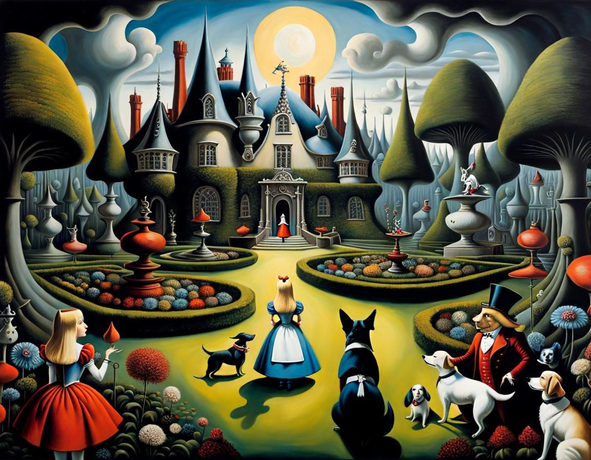 Alice in Wonderland with Dogs: Surrealist Oil Painting
