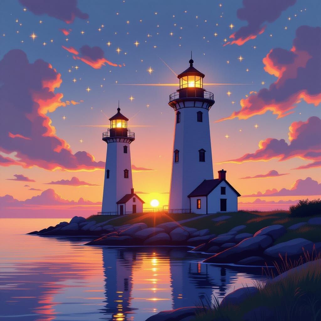 Lighthouses in a Serene Seascape: Digital Painting
