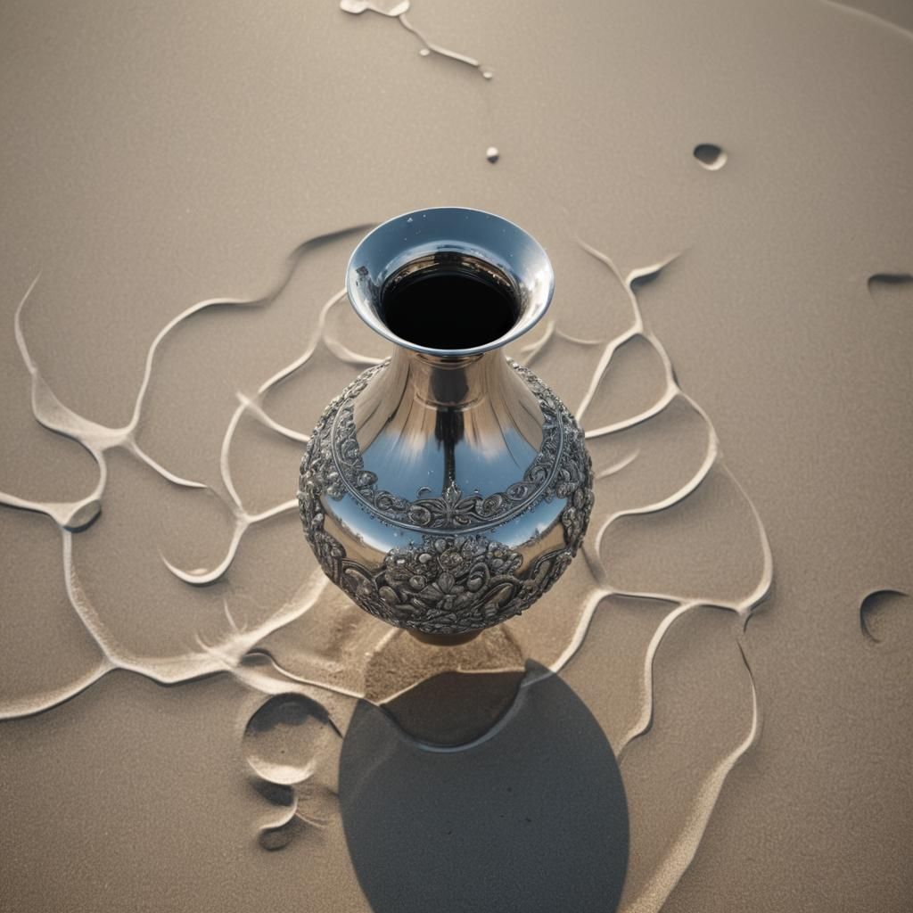 Silver Vase on Beach in Hyper-Realistic Style