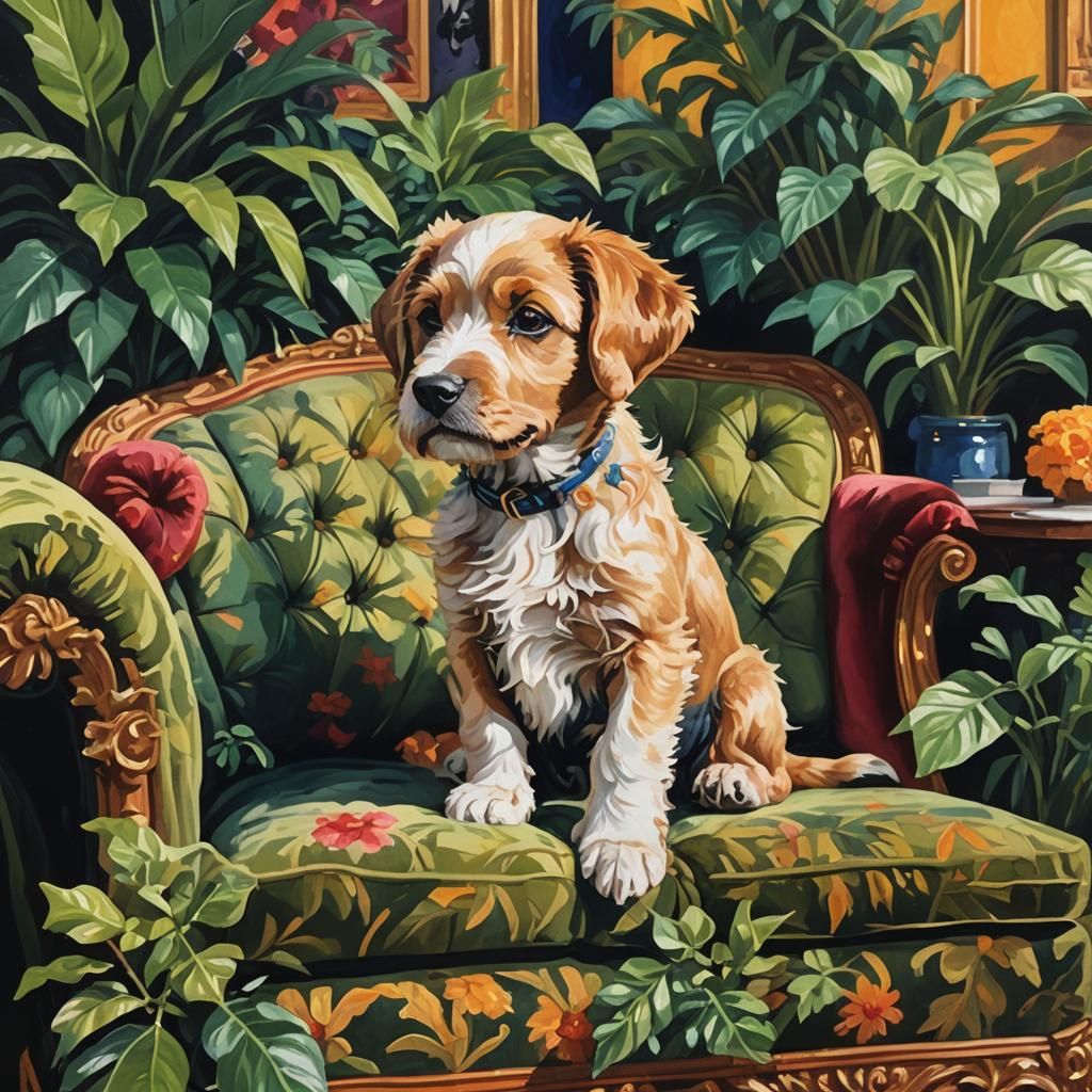 Puppy Portrait in Maximalist Impressionist Gouache Style