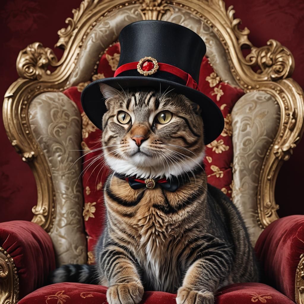 Dapper Tabby Cat Portrait on Red Velvet Throne