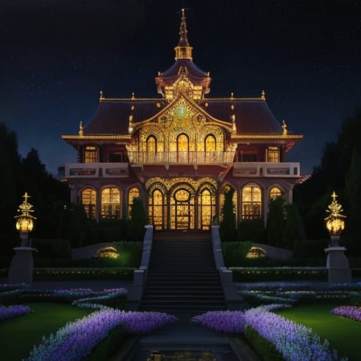 Fira in a Flowering Garden at Night