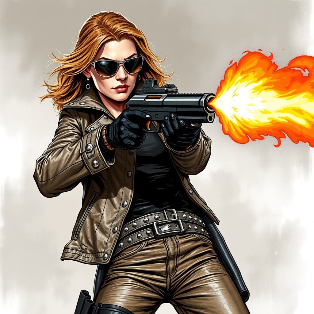 Gritty Gunwoman in Leather and Steel