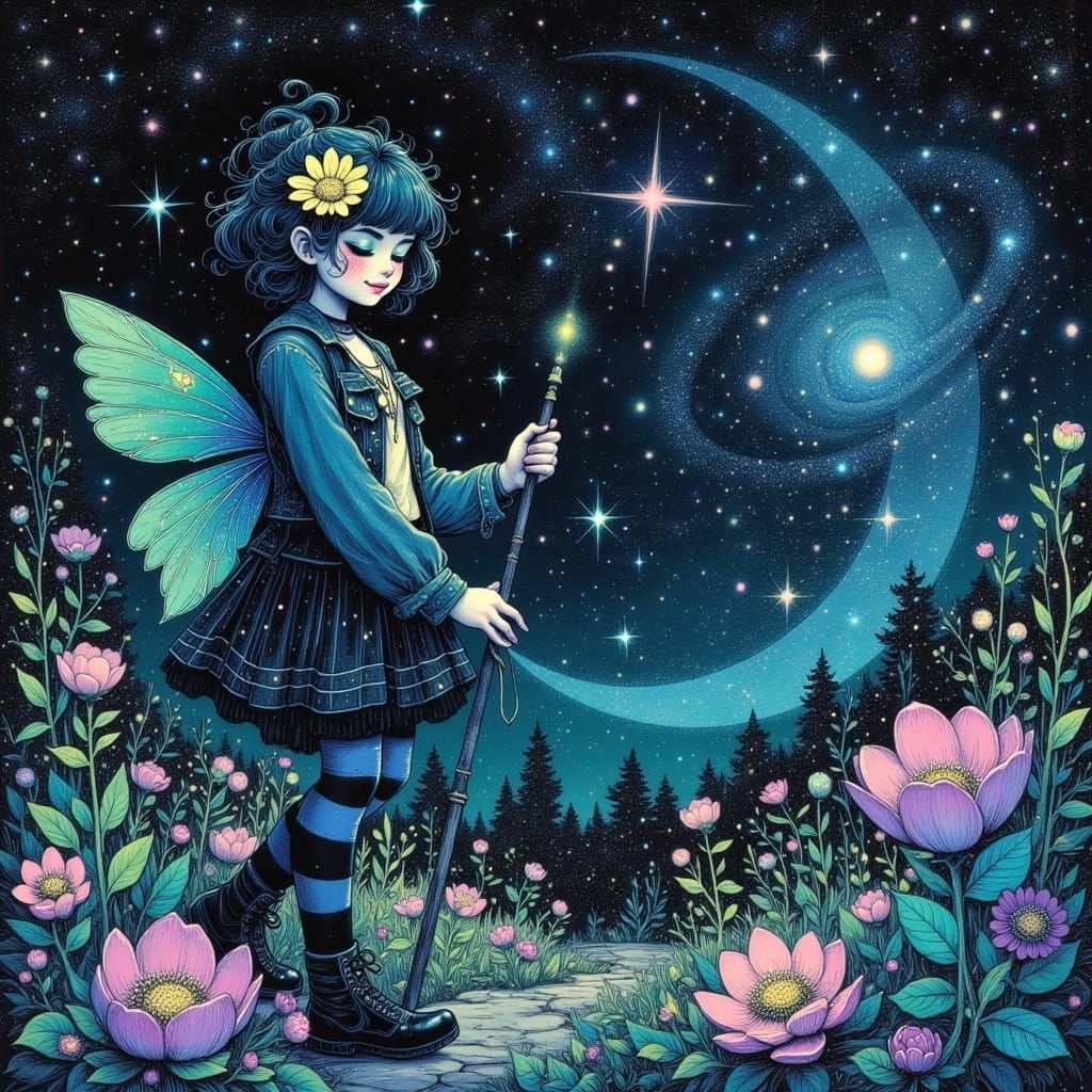 Magical Punk Witch Tending to a Celestial Garden