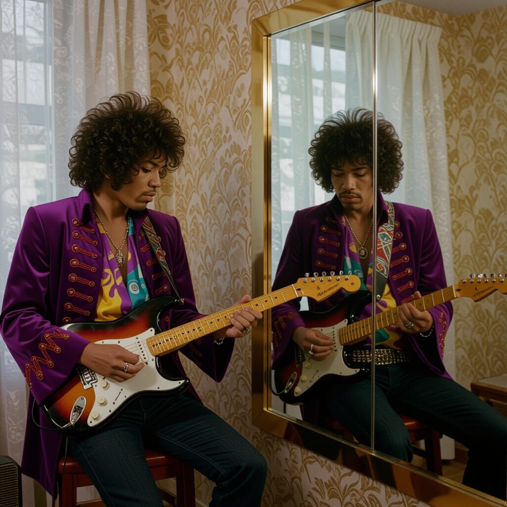 Jimi Hendrix and Guitarist Reflect in Mirror