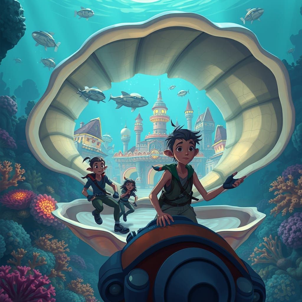 Underwater City in Clam Shell, Disney Cartoon Style