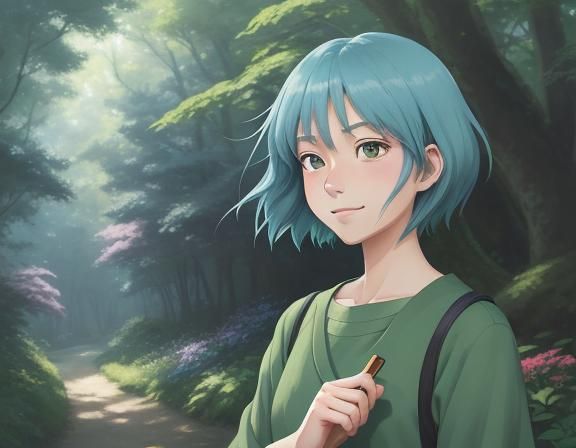 Anime Girl in Forest: Ghibli-Inspired Digital Art