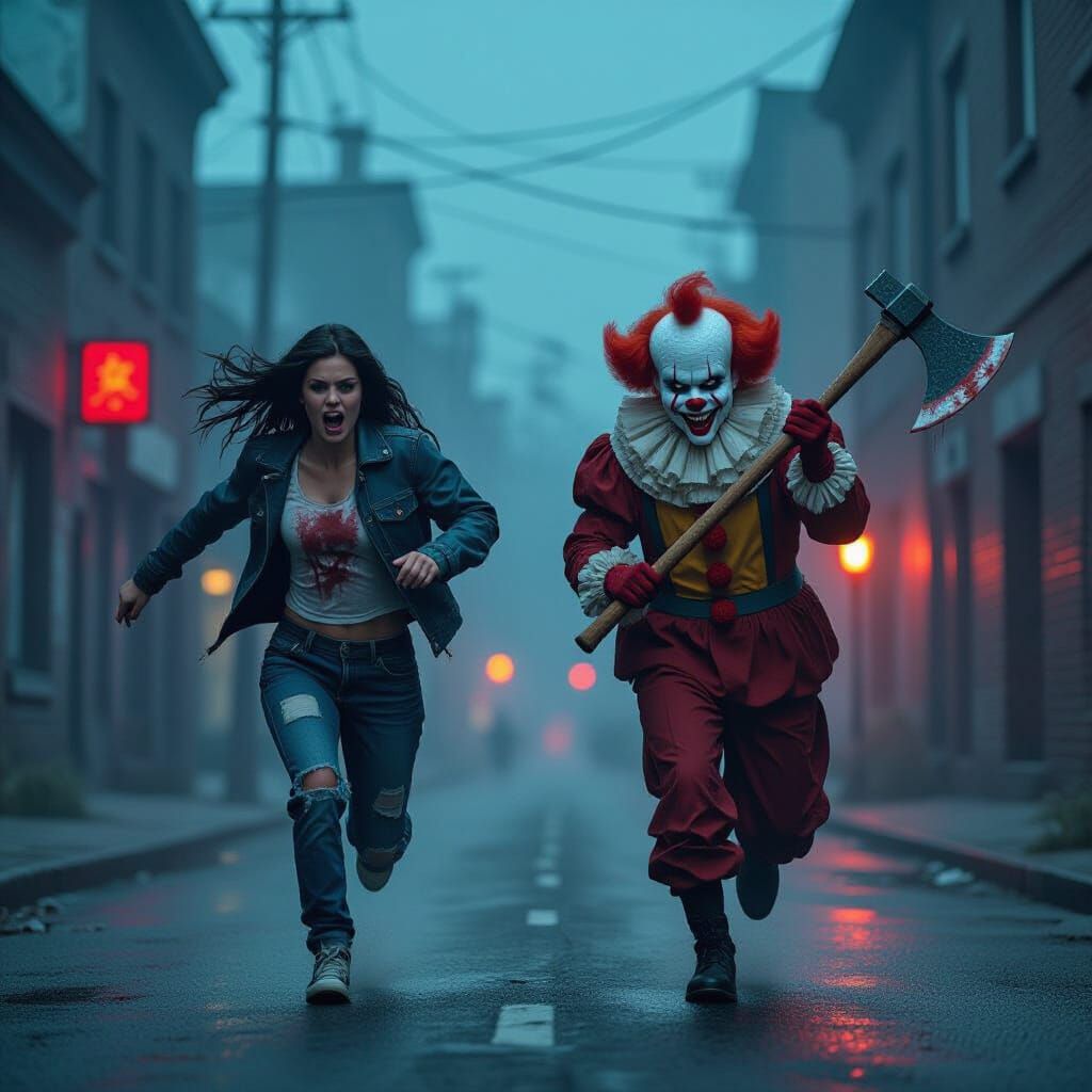 Terrifying Clown Chases Woman Through Dark City Street